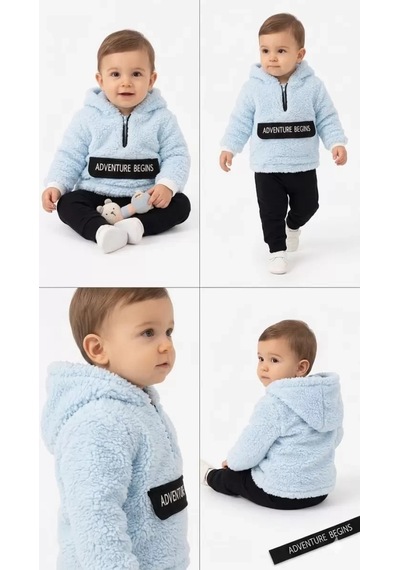 Veraura Lifestyle 6/24 Ay Kapşonlu Kuzu Kumaş Bebek Takımı Mavi