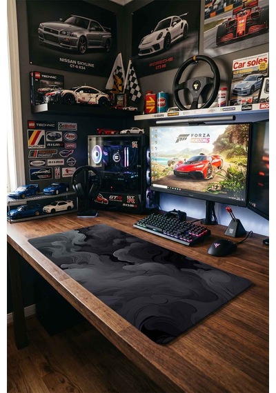 Koyu Gri Soyut Duman Dalgaları 40x90 Cm Oyuncu Mousepad Kaymaz Taban Büyük Boy Mousepad