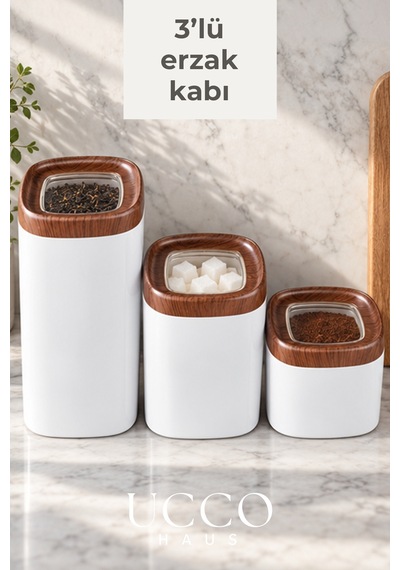 3'lü Set Vakum Kapaklı Erzak Saklama Kabı Bakliyatlık Baharatlık Mutfak Organizeri Akasya