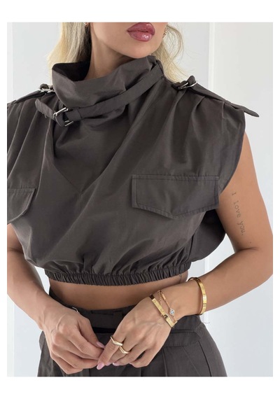 Fashion Cocktail Urban Metal Çift Tokalı Apoletli Büzgülü Bel Crop Dik Yaka Yüksek Bel Ve Kargo Cepli Baharlık Mevsimli Utilitarian Takım kahverengi Fashion Cocktail Urban Metal Çift Tokalı Apoletli Büzgülü Bel Crop Dik Yaka Yüksek Bel Ve Kargo Cepli Baharlık Mevsimli Utilitarian Takım kahverengi