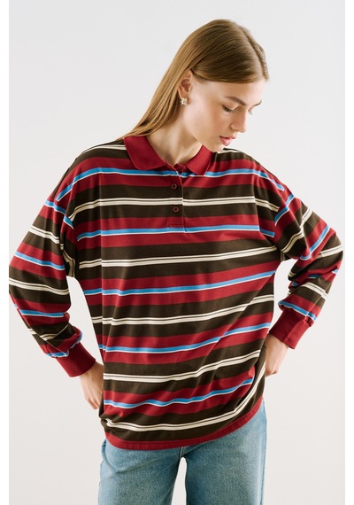 Manuka Polo Yaka Çizgili Sweatshırt Bordo Aw26tsh00004-26