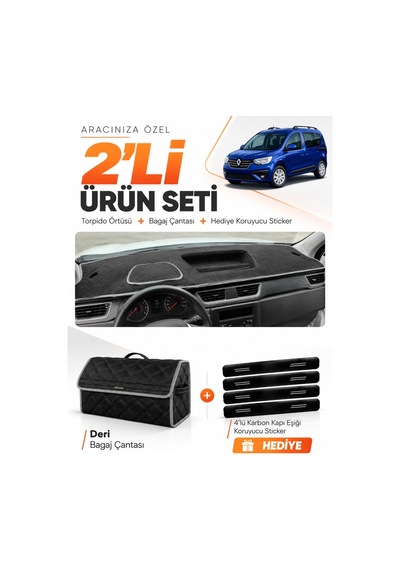E-biz Renault Express Tam Kapalı 2021-2024 Uyumlu Torpido Örtüsü + Deri Çanta - Siyah-gri - Re021