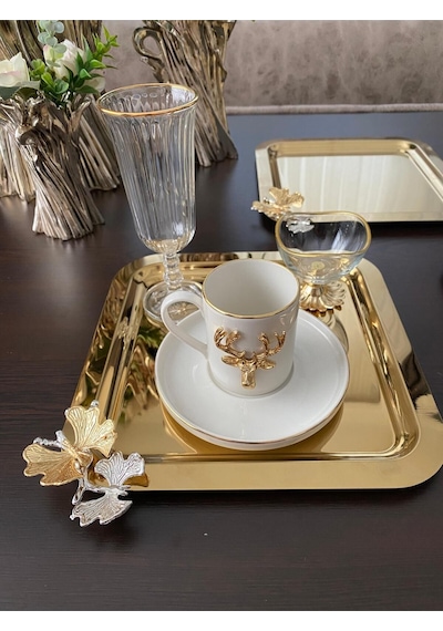 Atabey Home Collection 2 Adet Kahve & Çay & Sunum Tepsisi Gold Tepsi Kelebek Dökümlü