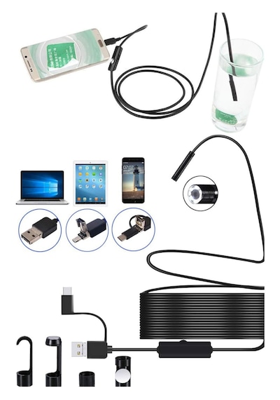 10metre 3-ın-1 Endoskop Kamera, Usb Ve Android, Type-c Bağlantılı, 6 Led Işıklı, Sert Kablo,su Geçirmez,yılan Kamera, Borescope