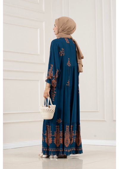 Sevitli Yarım Düğmeli Robalı Nesrin Elbise-mavi-5838