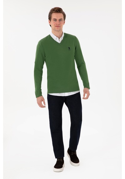 U.S. Polo Assn. Erkek Slim Fit V Yaka Yeşil Basic Kazak 50288881-VR054
