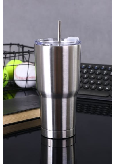304 Çelik 900 Ml Tek Kapak Çift Kullanım Pipetli Soğuk İçecek El Termos Mug Gri