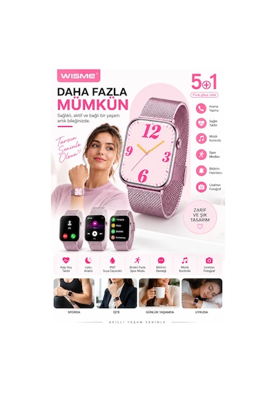 Günlük Kullanıma Uygun Akıllı Saat Arama Ve Bildirim Desteği - Lisinya Pembe