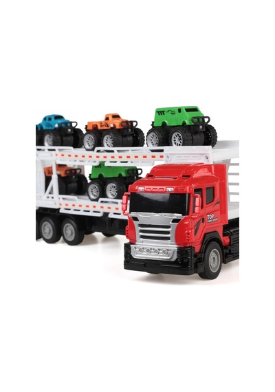 Oyuncak Uzaktan Kumandalı Araba Taşıyan Tır 35 Cm - 6 Adet Mini Arabalı Set 1:32 Ölçek Kırmızı