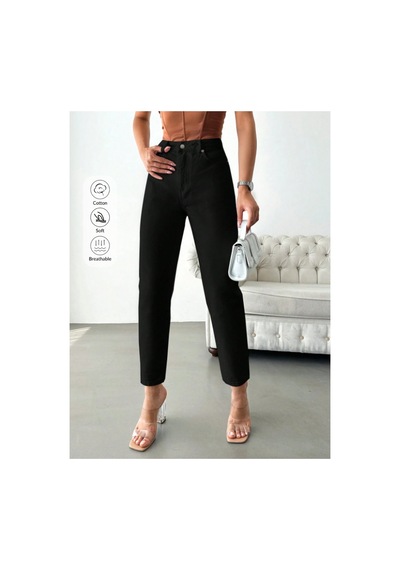 Kene Jeans Yüksek Bel Siyah Keten Mom Pantolon Siyah