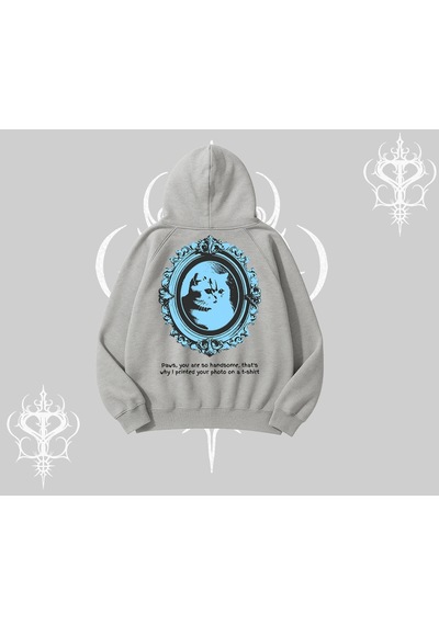 Startmore Çerçeveli Kedi Baskılı Kapşonlu Sweatshirt Gri