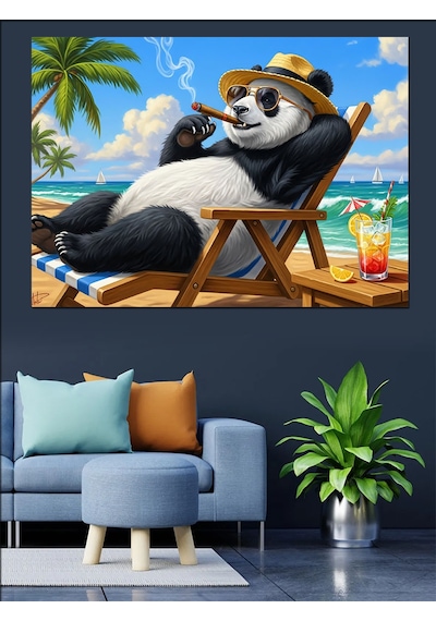 Kumsalda Güneş Gözlüklü Puro İçen Panda Dekoratif Kanvas - Mdf Ahşap Tablo