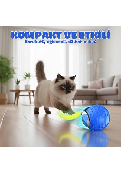 Akıllı Kedi Oyun Topu - Otomatik Yuvarlanan İnteraktif Kedi Oyuncağı - Şarj Edilebilir Evcil Hayvan Oyun Arkadaşı - Farklı Hız Ve Oyun Modları - Led Işıklı - Tüylü Kovalama Kuyruğu Mavi
