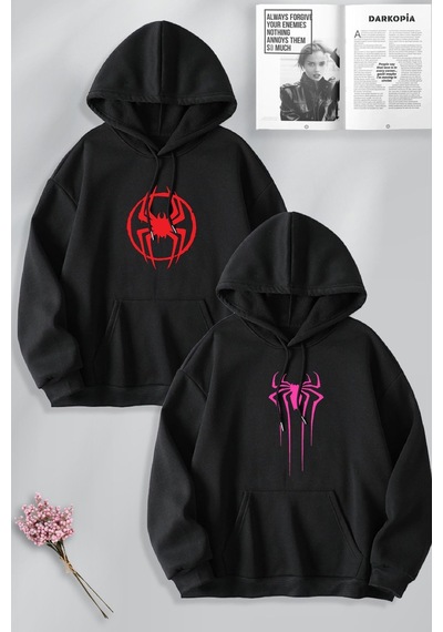 Macklin Sevgili Çift Kombin Spider Man Ve Spider Girl Logo Baskılı Kapüşonlu Sweatshirt 2li Takım Siyah Mck1457 Siyah