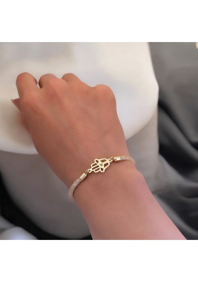 R Harfine Özel 14 Ayar Altın Plakalı Hasır Kordonlu Hamsa Motifli Hediye Bileklik-499harf R