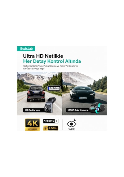 +360 Botslab G300H Plus WDR 4K UHD Ön+Arka WiFi+GPS 170° Geniş Açı Gece Görüşlü Araç İçi Kamera Dash