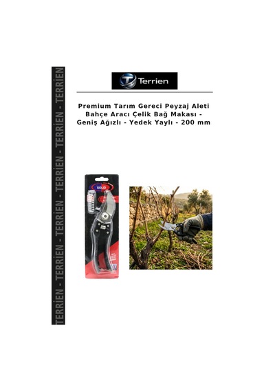 Premium Tarım Gereci Peyzaj Aleti Bahçe Aracı Çelik Bağ Makası - Geniş Ağızlı - Yedek Yaylı - 200 Mm