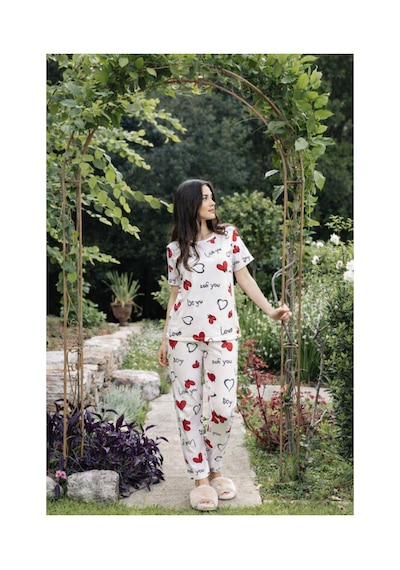Rindahomewear Kadın Milan Kısakol Pijama Takımı Desenli Beyaz Fiyonklu
