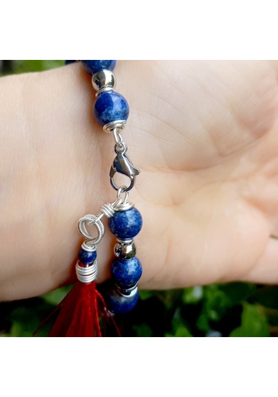 2752 Lapislazuli Mercan Kristal Kuvars Hematit Düğümlü El Yapımı Bileklik Kırmızı - Lacivert