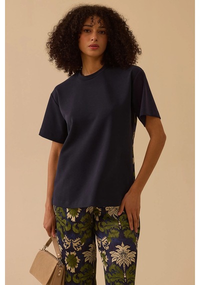 Seçil Kadın Tropik Desen Yuvarlak Yaka T-shirt 0003 Lacivert