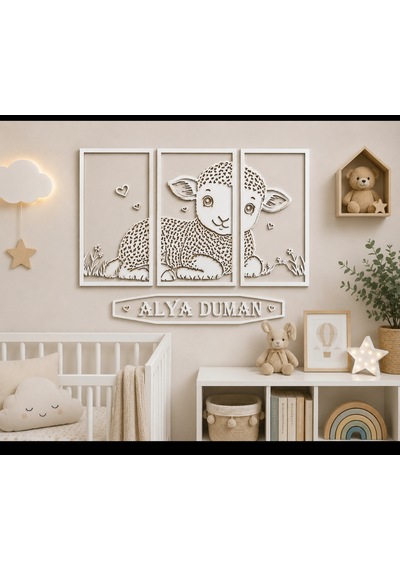 Kişiye Özel Kuzulu Çocuk Odası Dekoru 3 Parça Mdf Tablo İsimlik 105x25 CM Beyaz
