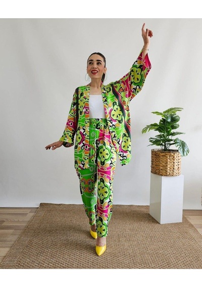 İpli Yeşil Renk Etnik Desenli Viskon Kumaş Kimono Takım Yeşil