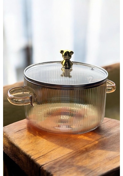 Qerhome Borosilikat Cam Amber Gold Detaylı Ayıcıklı Tencere 1700 Ml Gold