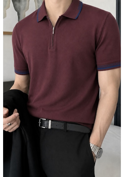 Tarz Cool Erkek Fermuar Yaka Triko Polo Tişört Slim Fit Pamuklu Yazlık Triko Bordo