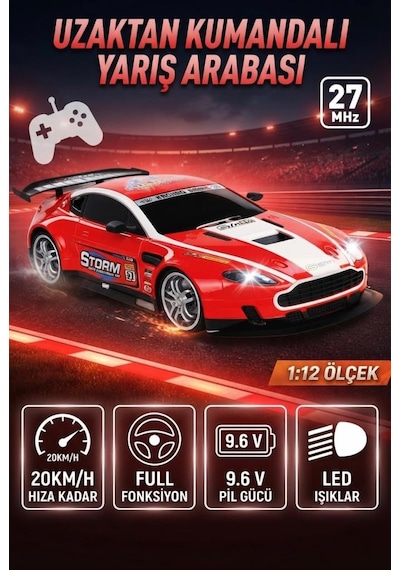 TıfılToys Uzaktan Kumandalı Full Fonksiyon Şarjlı Işıklı 1:12 Ölçekli Süper Hızlı Kırmızı Yarış Arabası