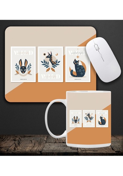 Baskılı Kupa & Bej Ve Turuncu Renk Geyik Ve Kedi Motifli Mouse Pad 23x19cm Fare Altlığı Kaydırmaz Ta Mousepad