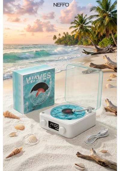 Waves Nostalji Plak Çalar Bluetooth Subwoofer 3d Ses Dalgası Retro Müzik Plak Çalar Mavi