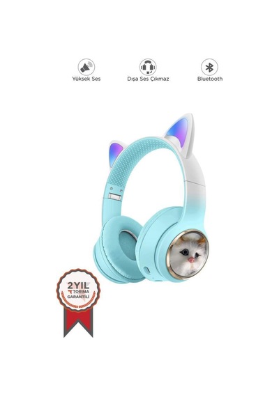 Hd11 Mavi Sevimli Kedi Karükatür Kulak Led Işıklı 5.3 Bluetooth Kulak Üstü Kulaklık