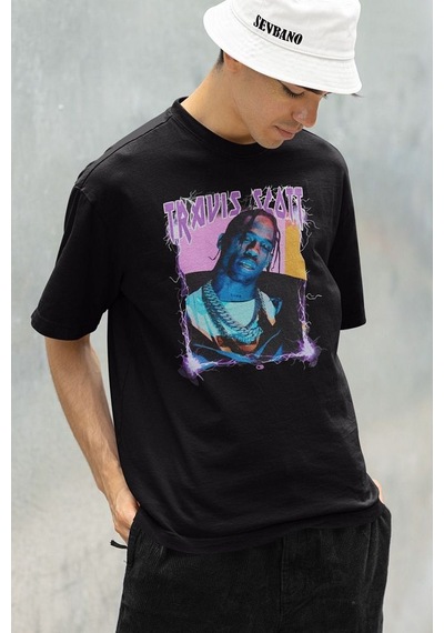 Şarkıcı Travis Scott Baskılı Unisex Oversize Rapper Tişört Siyah