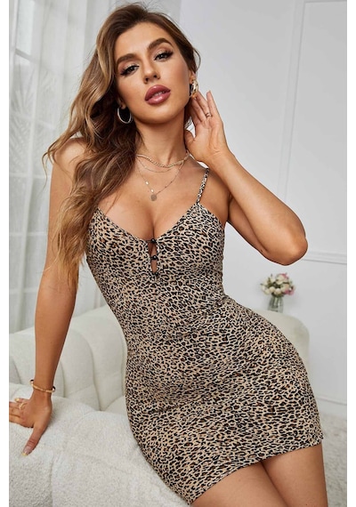 Merry See Leopar Desenli Düğme Detaylı Askılı Gecelik Çok Renkli