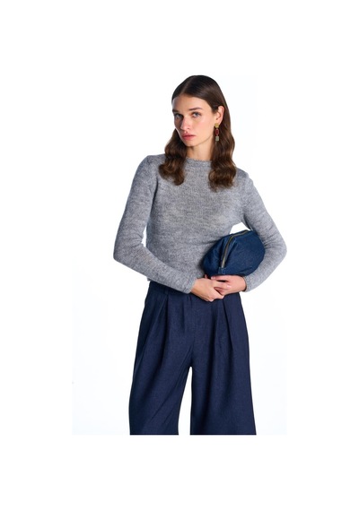 Gri Triko Crop Kazak Gri Melanj
