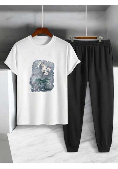 Uyguntarz Unisex Saksı Tasarım Basklı Tshirt Eşofman Takımı Beyaz