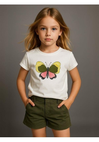 Nk Kids Kız Çocuk Kelebek Desenli T-shirt-15979 Ekru Ysl
