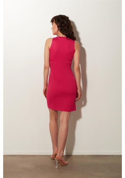 Sherin Pembe Bisiklet Yaka Fitilli Triko Elbise-pembe