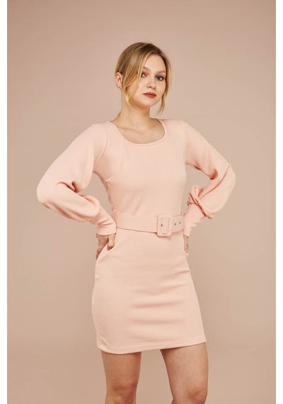 Zafir Butik Pembe Yaka Kemerli Elbise Pembe Pembe