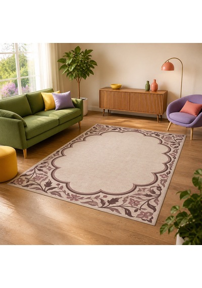 Kartela Halı Bulut Çerçeveli Klasik Halı Gül Kurusu Kaymaz Taban Makinede Yıkanabilir 120x180 Cm