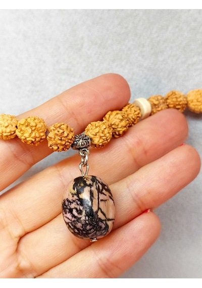 Rodonit Taşlı Rudraksha Tohum Kolye Dolama Bileklik 8mm 49708