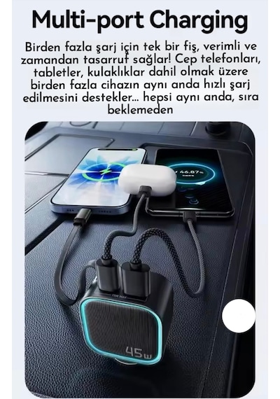 Essager 45w 3'ü 1'arada Geri Çekilebilir Kablolu Type-c+usb Araç Şarj Cihazı Hızlı Ce+rohs Lisanslı Sağlam -