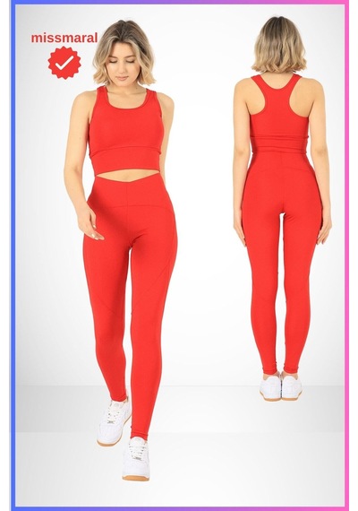 Missmaral Slim Fit Tayt Yüksek Bel Toparlayıcı Kırmızı Spor Model Flatlock Dikiş Detaylı Oslo 1090 Kırmızı