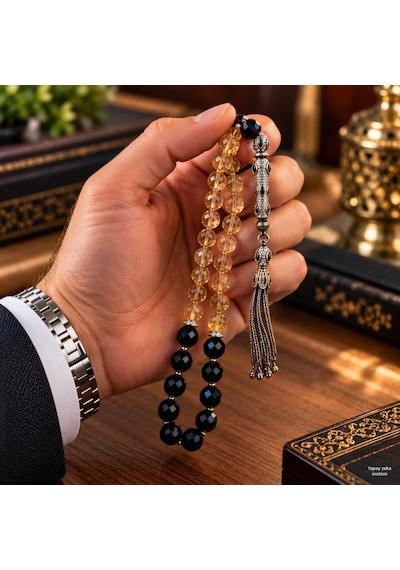 Tesbih Sitrin Obsidyen Taşlı 925 Ayar Gümüş Sertifikalı Püsküllü Faset Kesim Premium Kalite Özel Tasarım Sarı