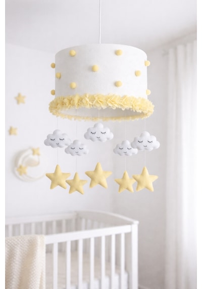 Sarı Ponponlu Bebek Odası Avize Çerçeve Seti 30x20 Cm El Yapımı Bebek Odası Dekoru Unisex Sarı