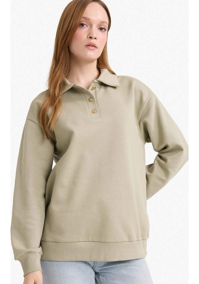 Defacto Regular Fit Polo Yaka İçi Yumuşak Tüylü Kalın Sweatshirt Tunik F3085ax25wngn497 Yeşil-gn497