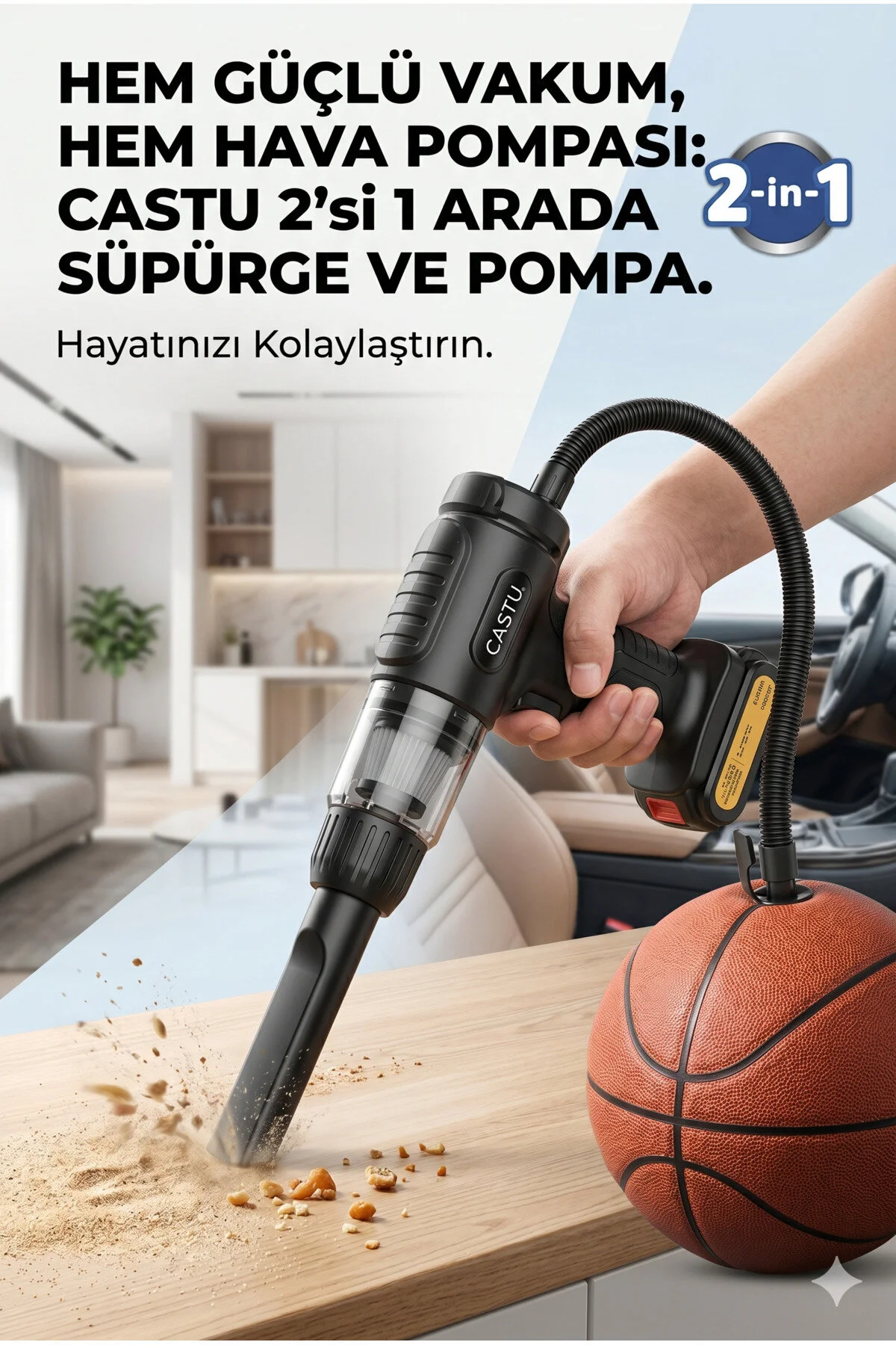 Castu Cs67 Kablosuz Dijital Hava Kompresörü Ve 20.000 Lik Araç Süpürgesi 20000 Pa
