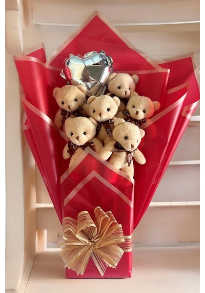 Premium 6 Li Bej Peluş Ayıcık Buketi Kalp Balonlu Arkadaşa, Eşe, Sevgiliye Hediye