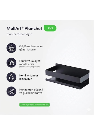 Siyah Paslanmaz Metal Banyo Rafı - 3m Yapışkanlı Duş Rafı Ve Mutfak Düzenleyici Organizer - Matkap Gerektirmeyen Kolay Montaj