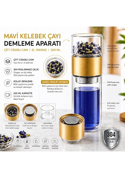 Tr Bitki Çayı Demleme Termosu Gold Çift Cidarlı Cam 200 Ml Genel